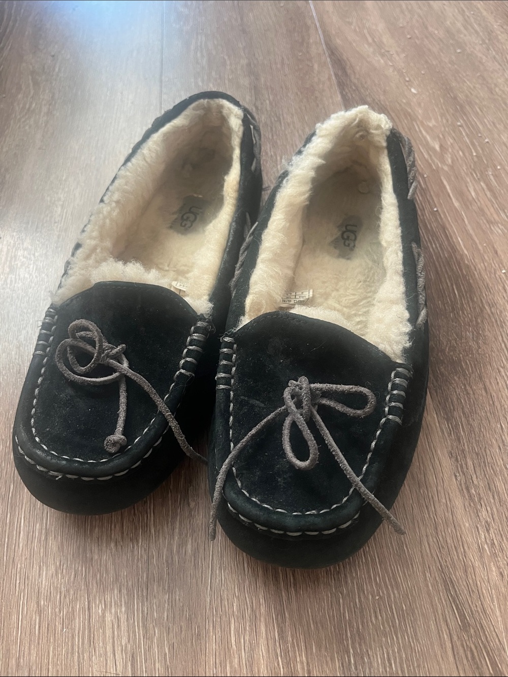 UGG Tate Black Suede Shearling-Lined Moccasin Slippers